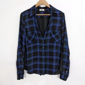 L'agence Size XS Womens Button Up Navy Blue Green Plaid Silk Contrast Blouse